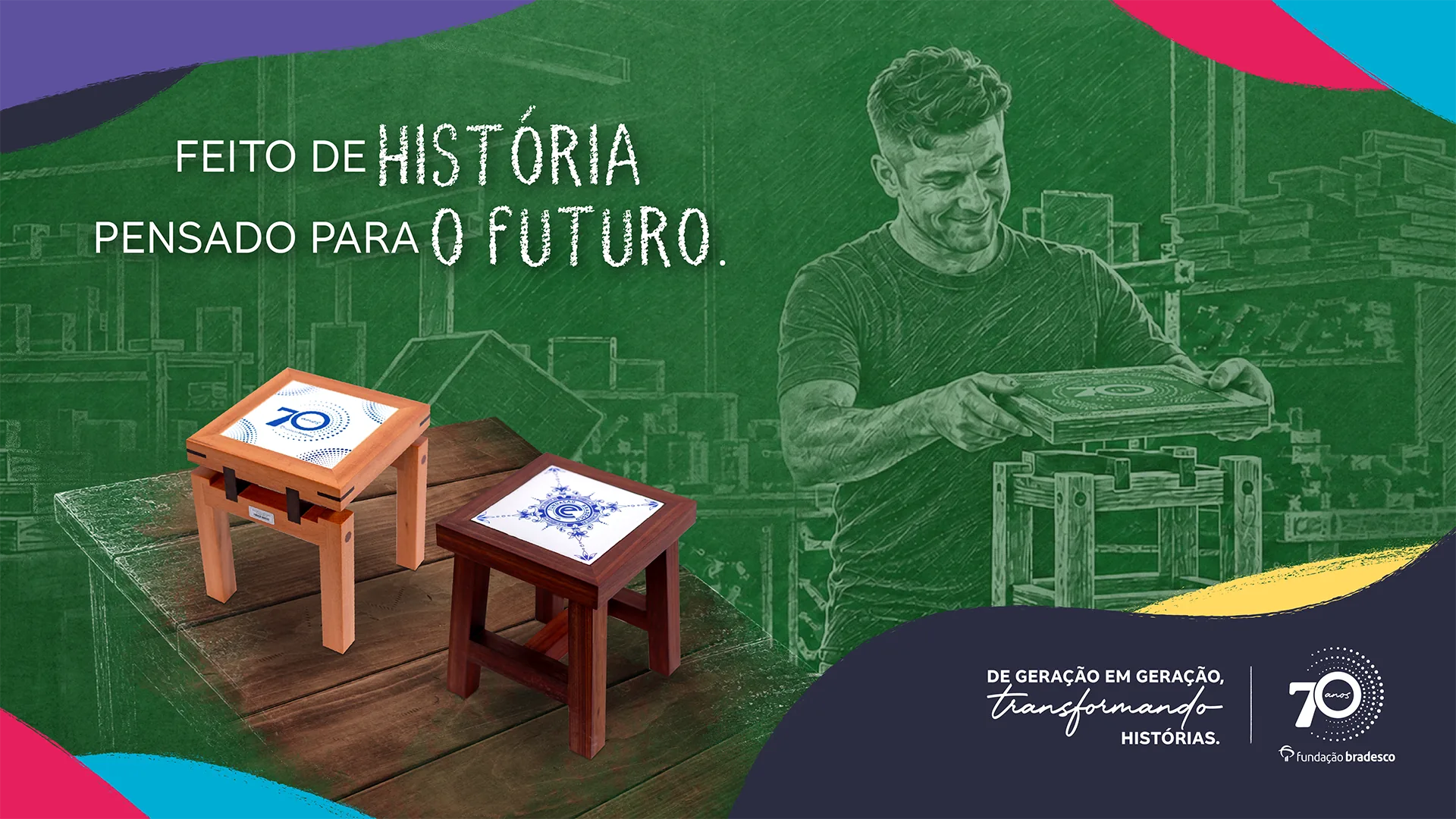 Feito de história. Pensado para o futuro. De geração em geração, transformando histórias. Fundação Bradesco 70 anos.